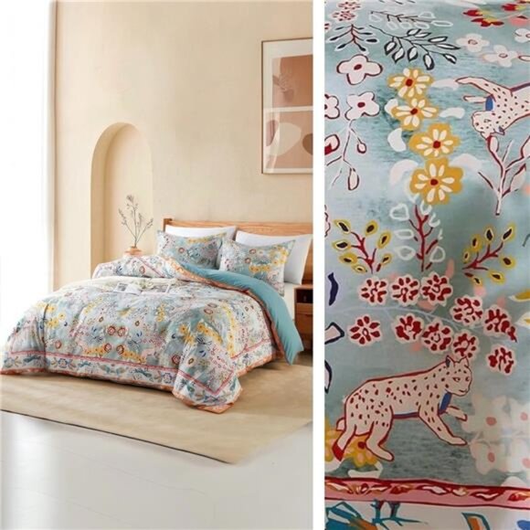 NEW Anthro Blue Jungle Multicolor Boho Queen / King Bedding Duvet & Sham Case - Picture 2 of 14